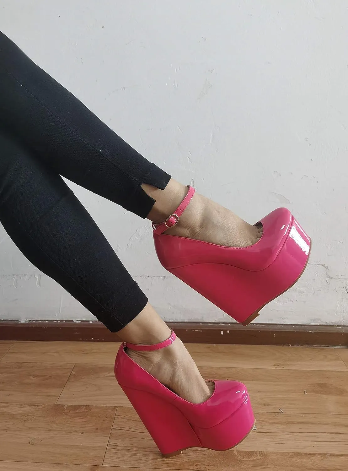 YODEKS Wedges for Women Closed Round Toe Ankle Strap Platform High Heel Wedge Pumps 6 Inches Dress Shoes