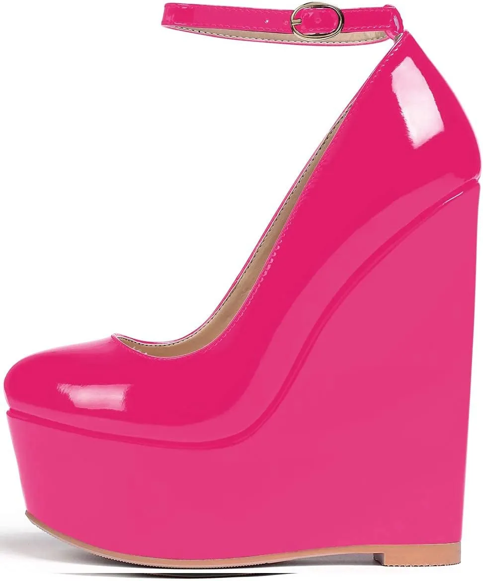 YODEKS Wedges for Women Closed Round Toe Ankle Strap Platform High Heel Wedge Pumps 6 Inches Dress Shoes