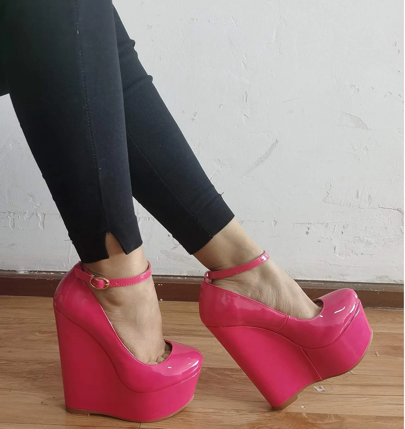 YODEKS Wedges for Women Closed Round Toe Ankle Strap Platform High Heel Wedge Pumps 6 Inches Dress Shoes