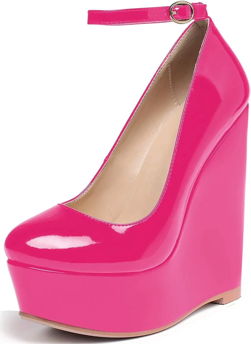 YODEKS Wedges for Women Closed Round Toe Ankle Strap Platform High Heel Wedge Pumps 6 Inches Dress Shoes