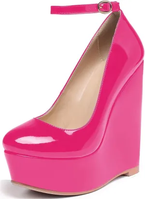 YODEKS Wedges for Women Closed Round Toe Ankle Strap Platform High Heel Wedge Pumps 6 Inches Dress Shoes